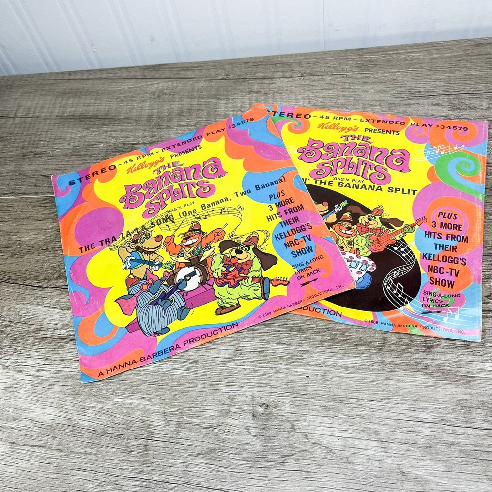Vintage 1969 Banana Splits Kellogg's 45 RPM Vinyl Records Set of 2 Hanna-Barbera